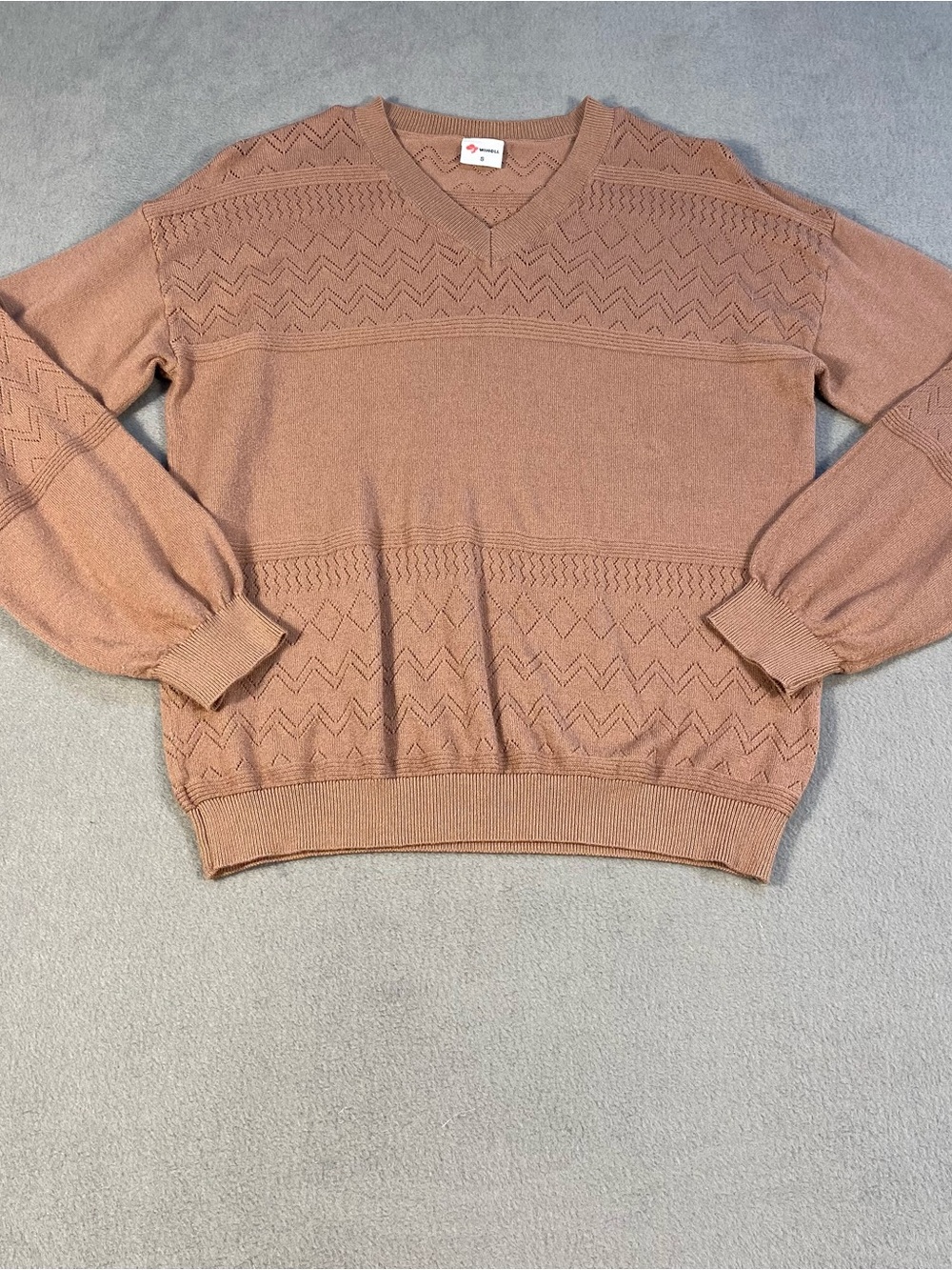 WIHOLL women’s tan/brown/dusty rose V-Neck Long Sleeve Textured Knit Sweater, S